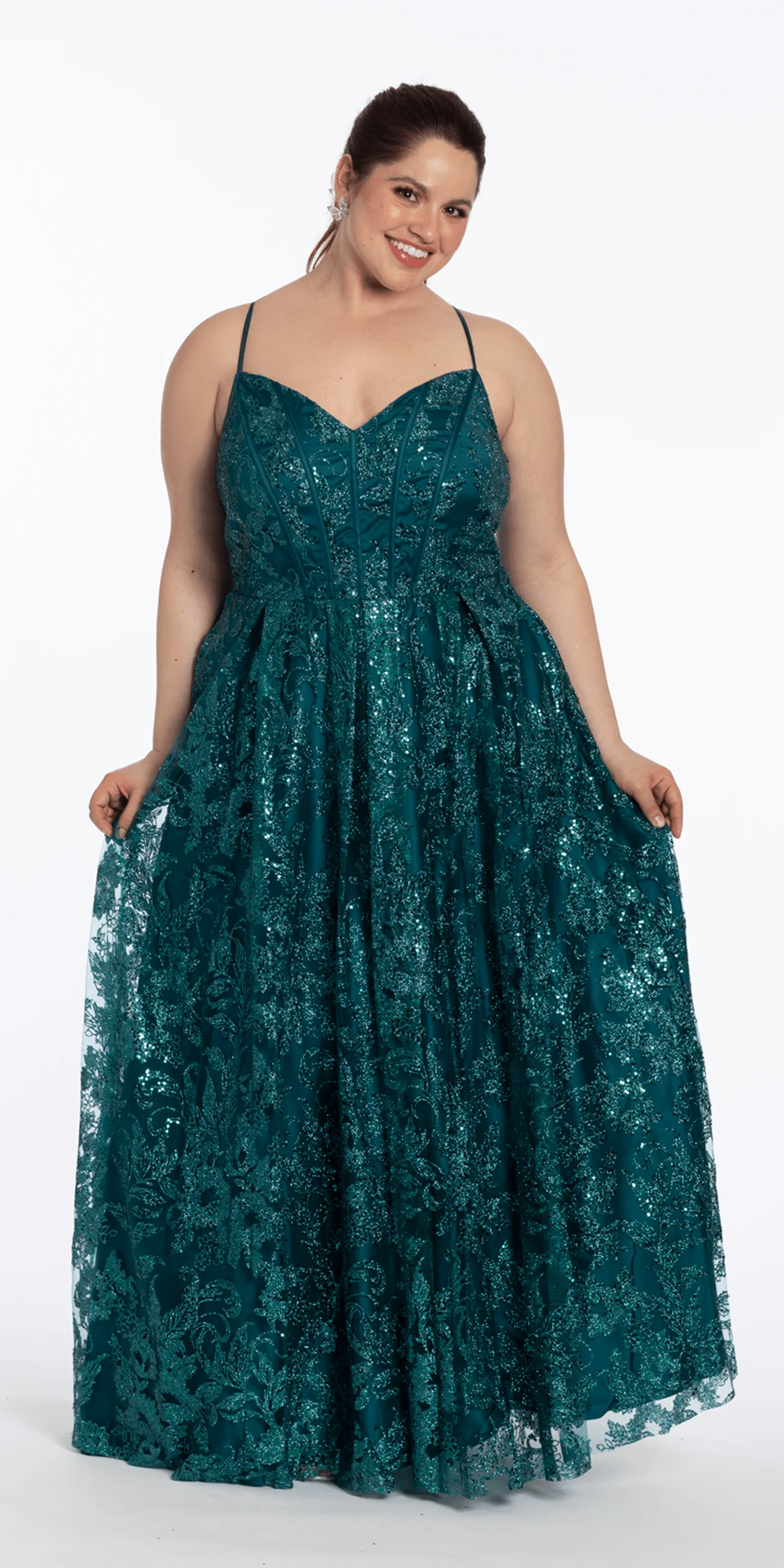 Strappy Back V Neck Glitter Mesh Ballgown with Pockets - Image 4