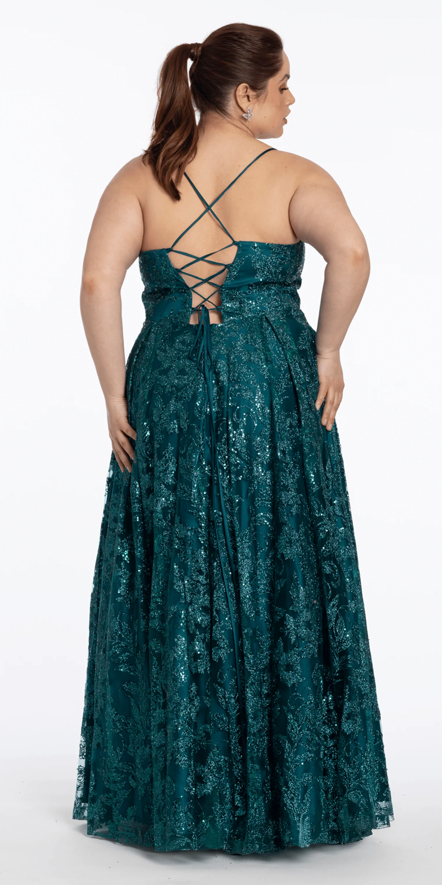 Strappy Back V Neck Glitter Mesh Ballgown with Pockets - Image 5