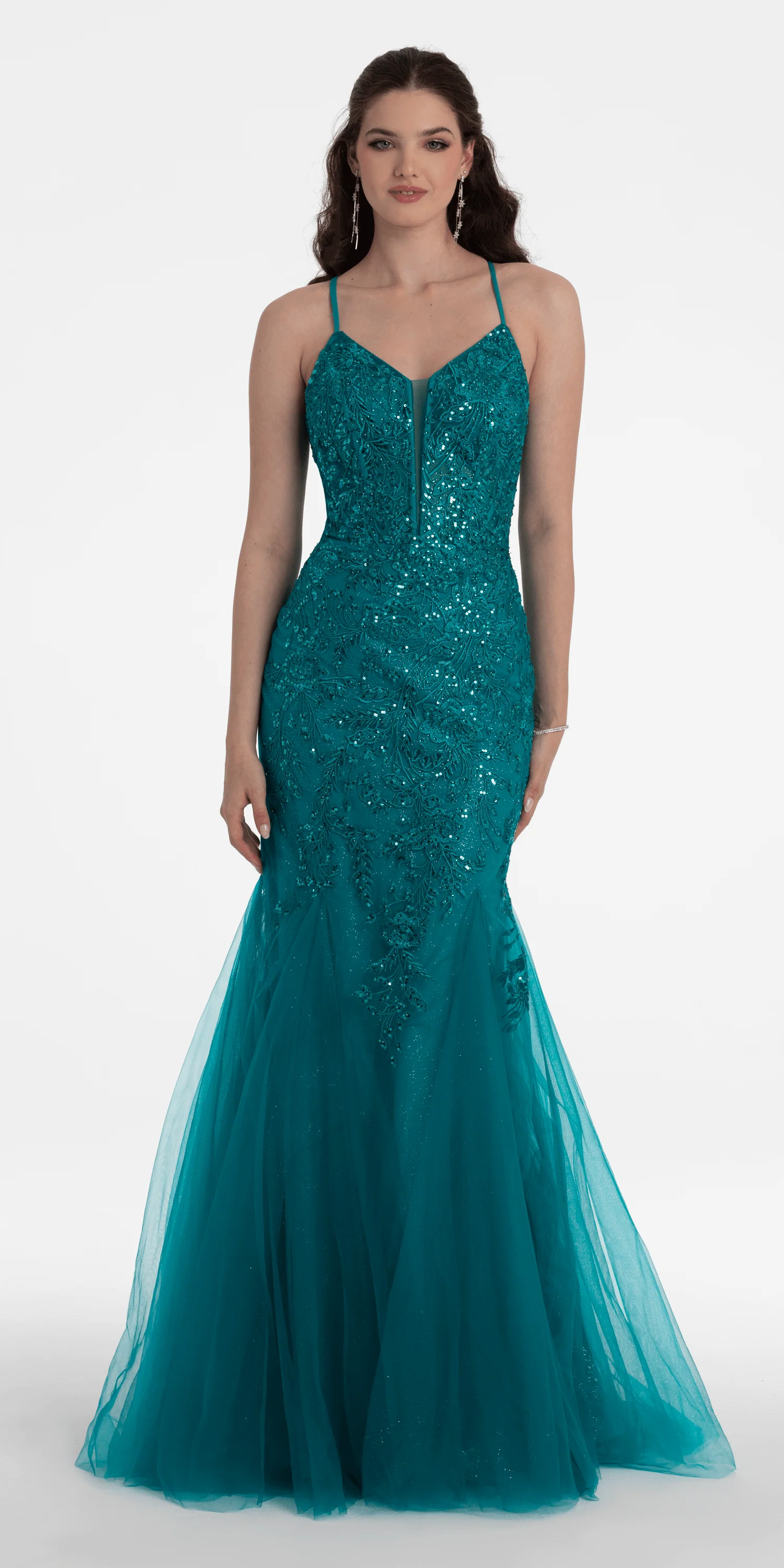 Strappy Lace Up Back Keyhole Embroidered Mermaid Dress - Image 3