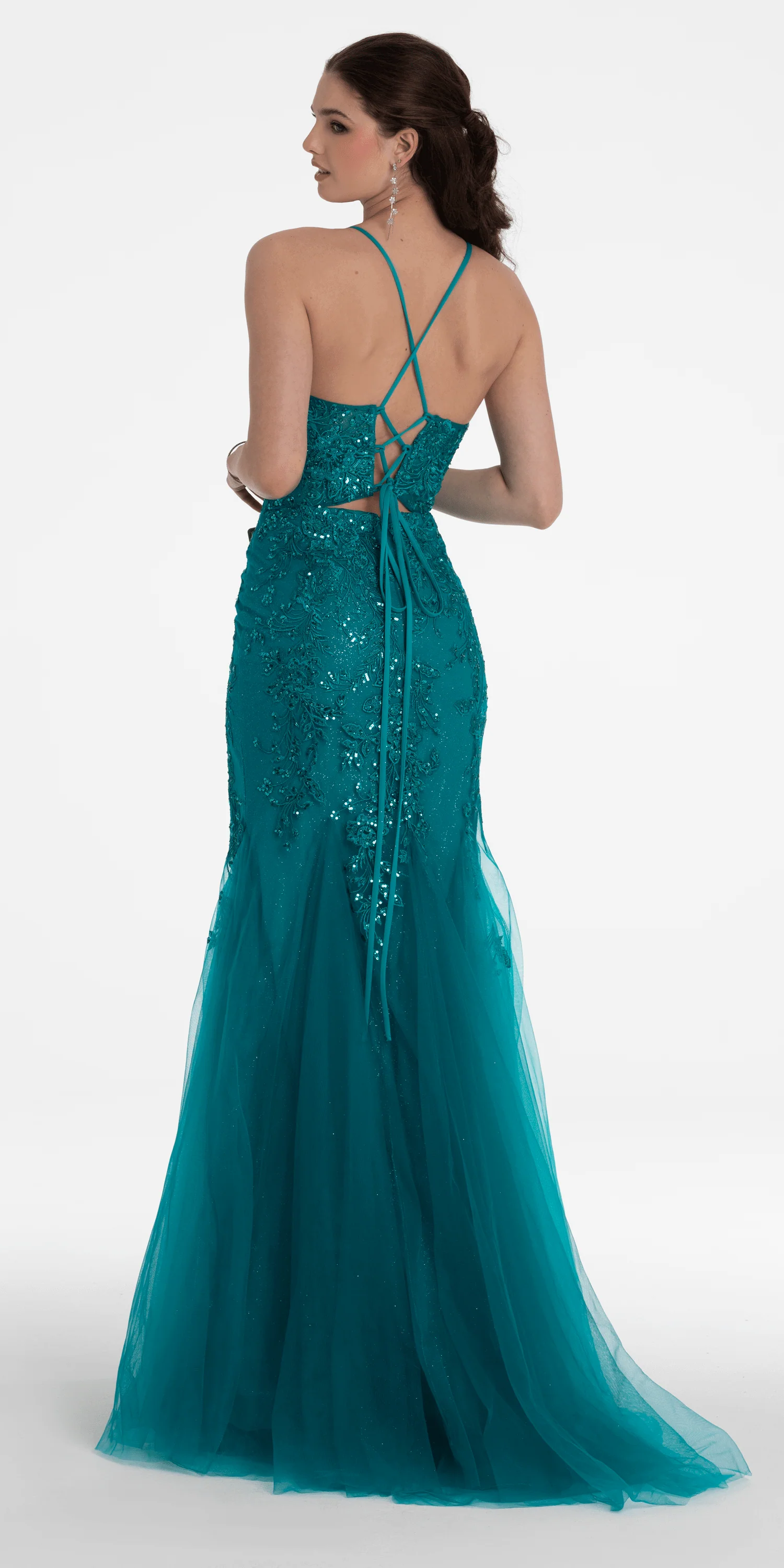 Strappy Lace Up Back Keyhole Embroidered Mermaid Dress - Image 4