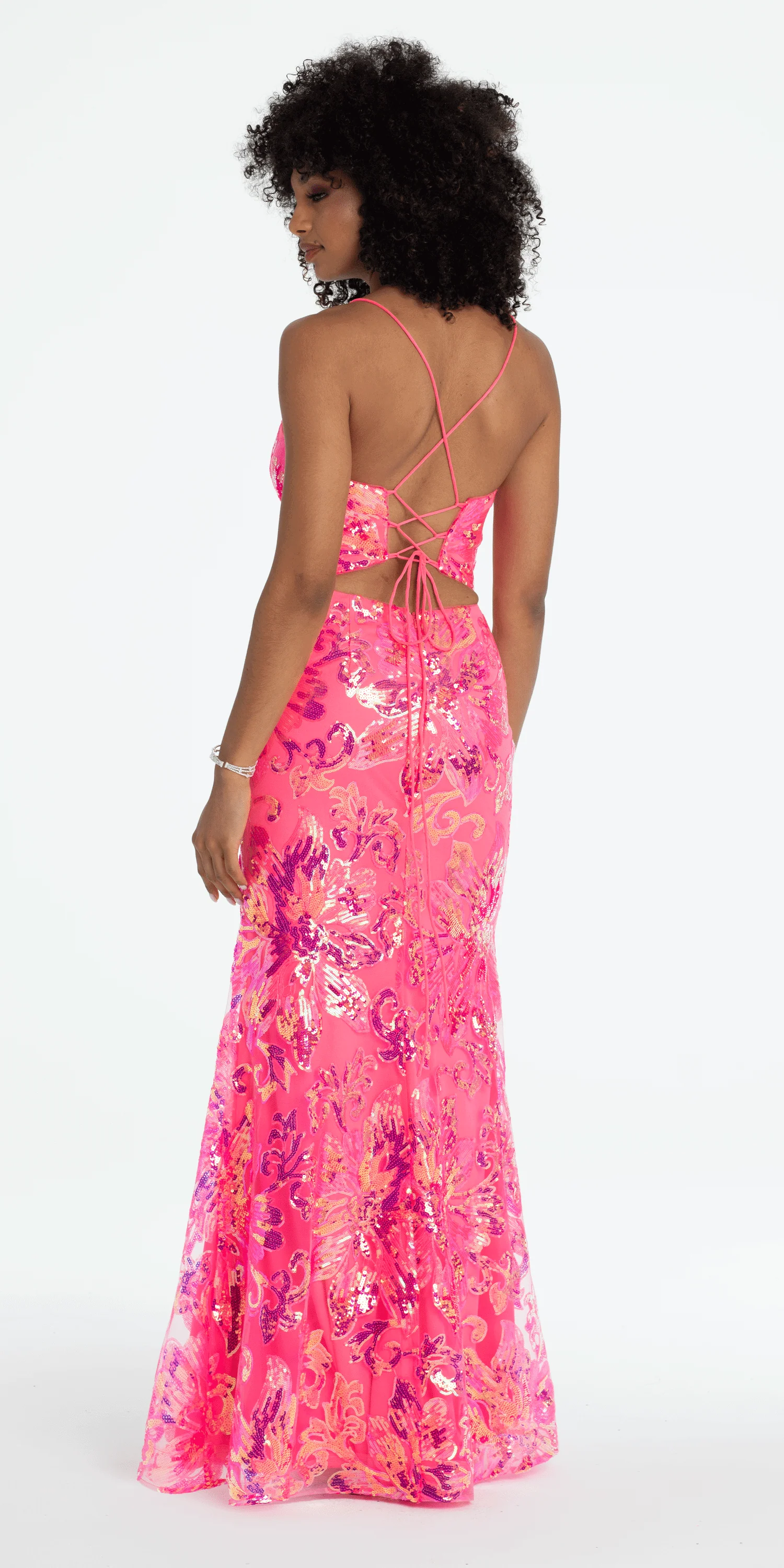 Strappy Lace Up Back Trumpet Dress with Sequin Floral Motif - Image 4