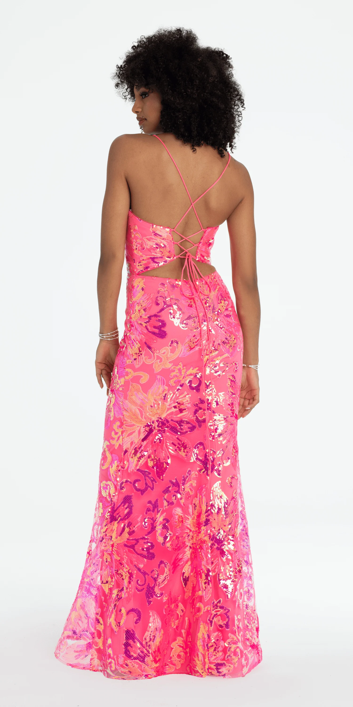 Strappy Lace Up Back Trumpet Dress with Sequin Floral Motif - Image 5