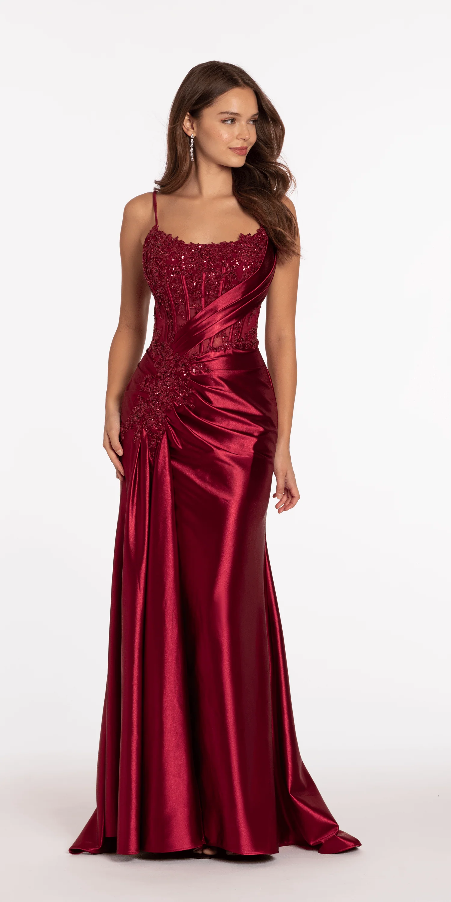 Stretch Satin Scoop Neck Beaded Corset Column Dress with Side Cascade - Image 4