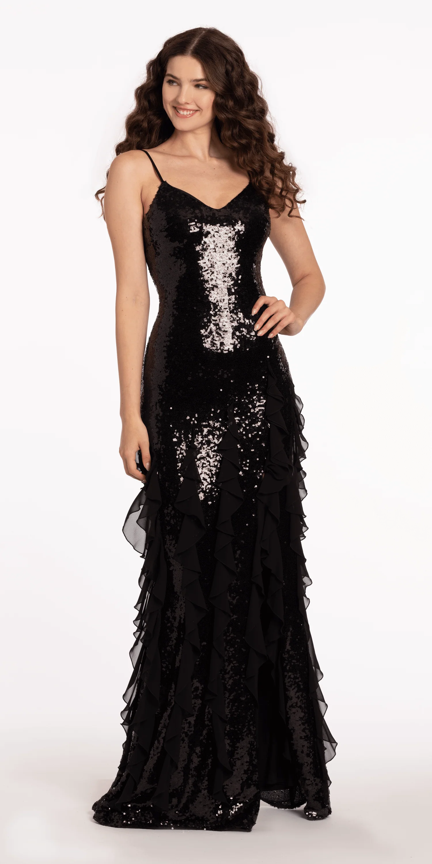 Stretch Sequin V Neck Column Dress with Crepe Ruffles - Image 2