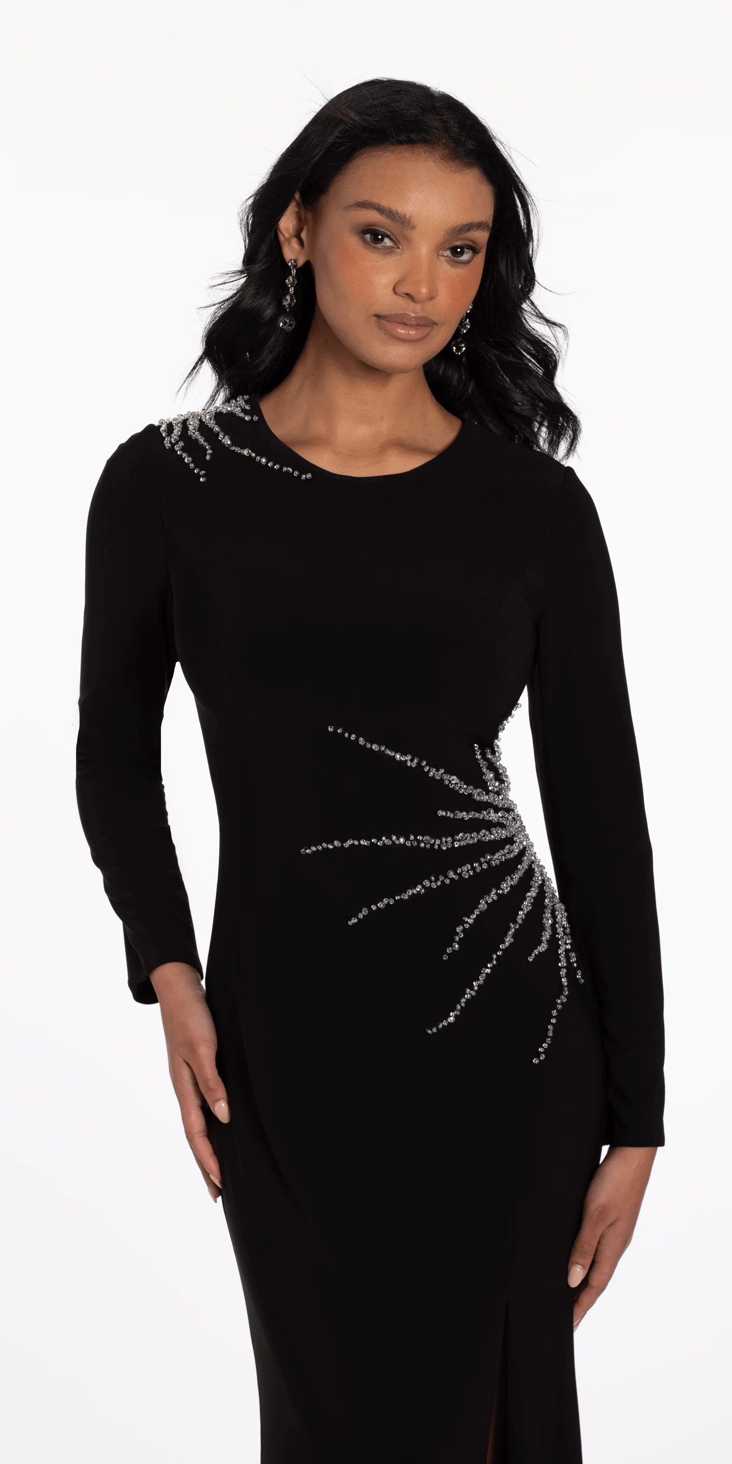 Sunburst Beaded Jersey Long Sleeve Jewel Neck Column Dress - Image 5