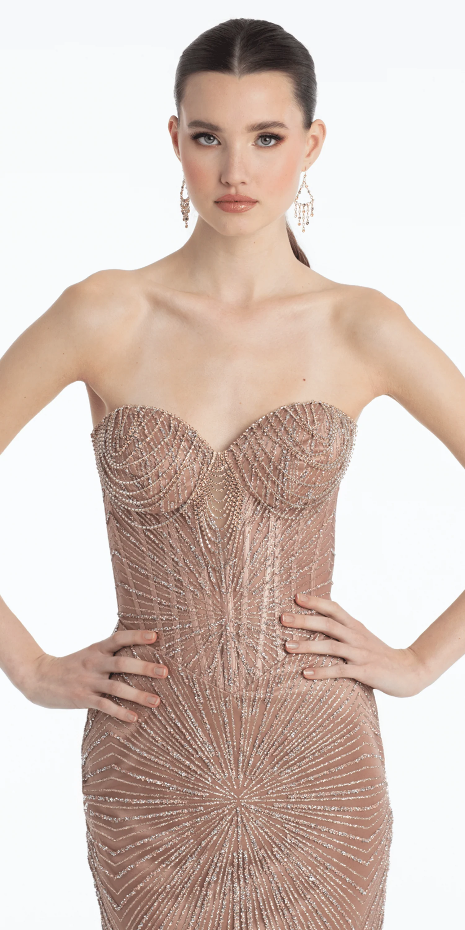 Sunburst Glitter Tulle Strapless Corset Trumpet Dress with Chain Detail - Image 2