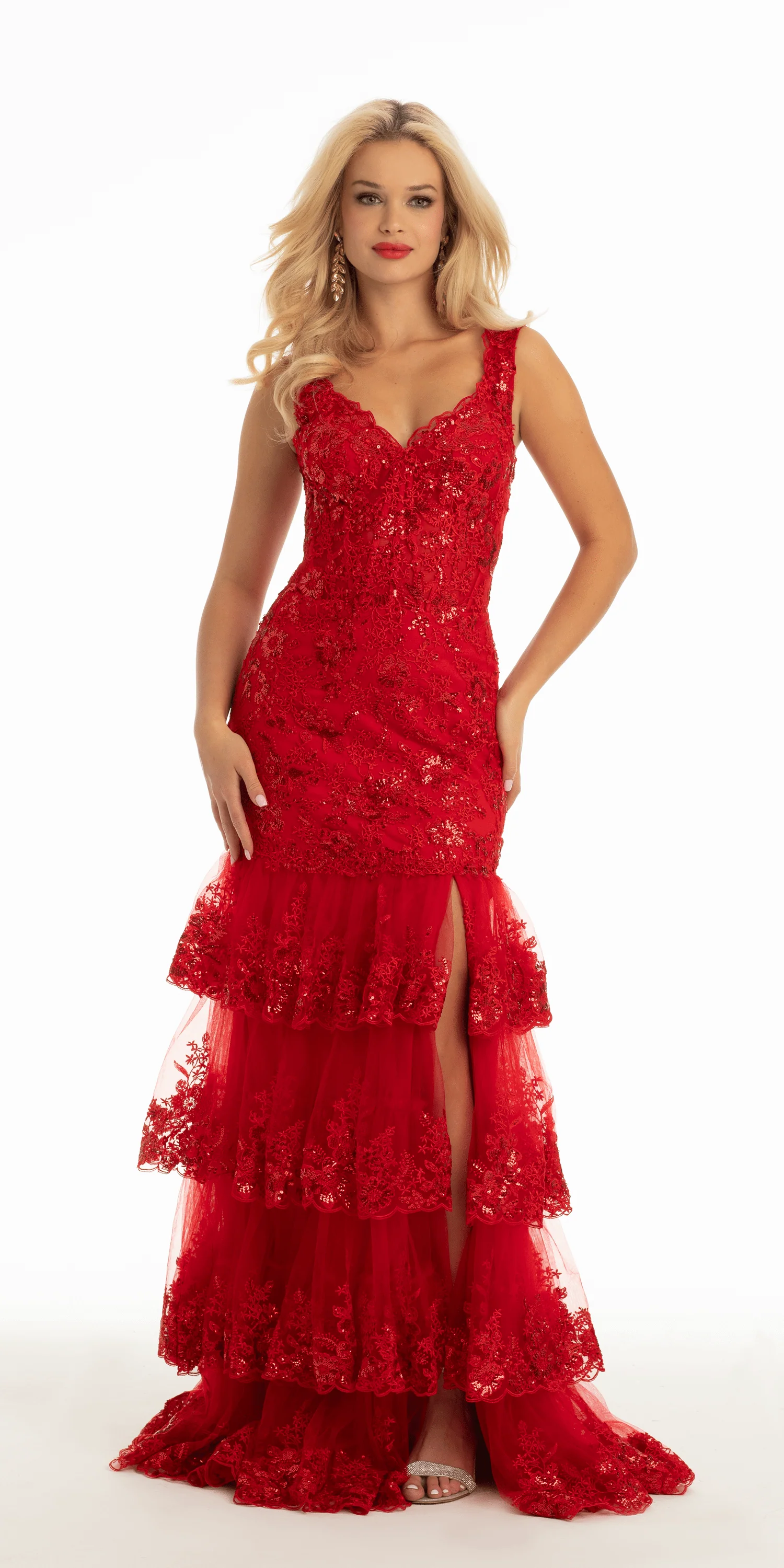 Sweetheart Beaded Embroidered Mesh Corset Tiered Mermaid Dress - Image 2