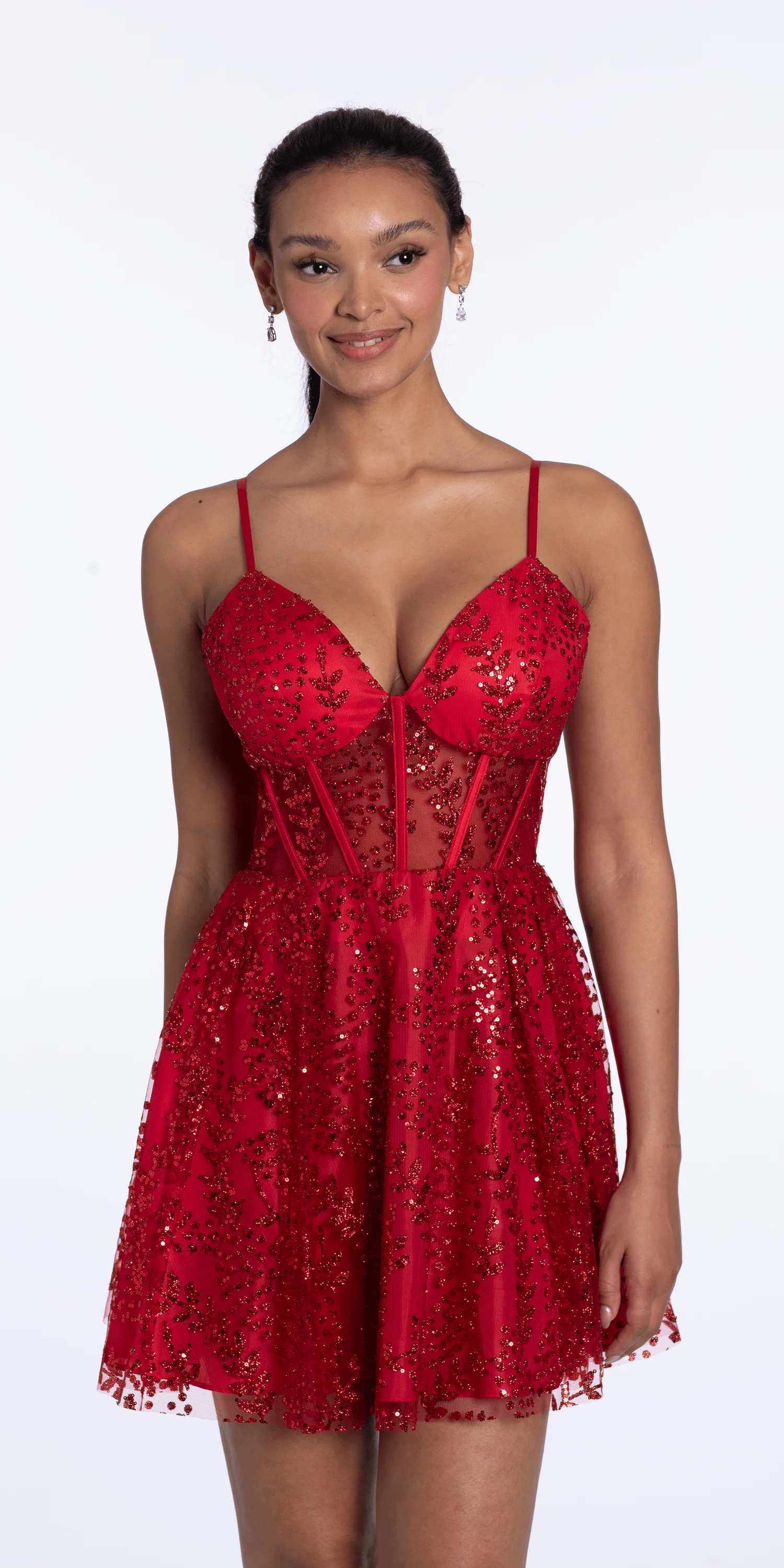 Sweetheart Glitter Mesh Lace Up Back Skater Dress with Pockets - Image 2