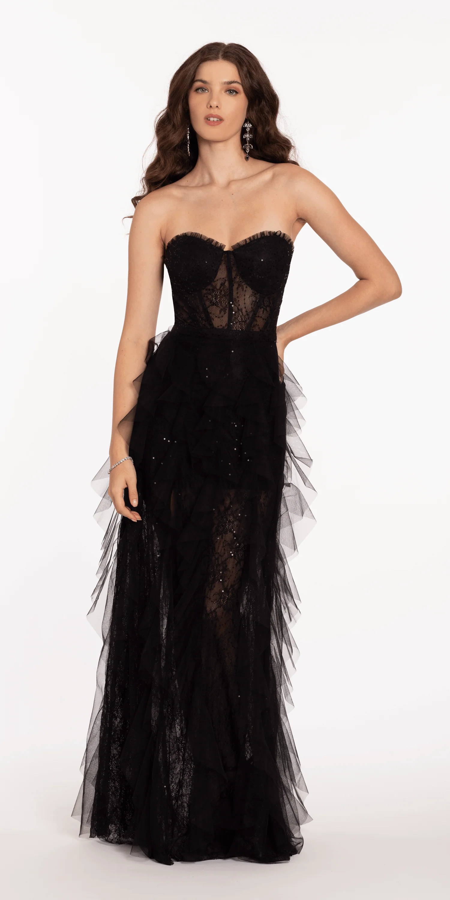 Sweetheart Illusion Corset Trumpet Dress with Mesh Cascades - Image 5