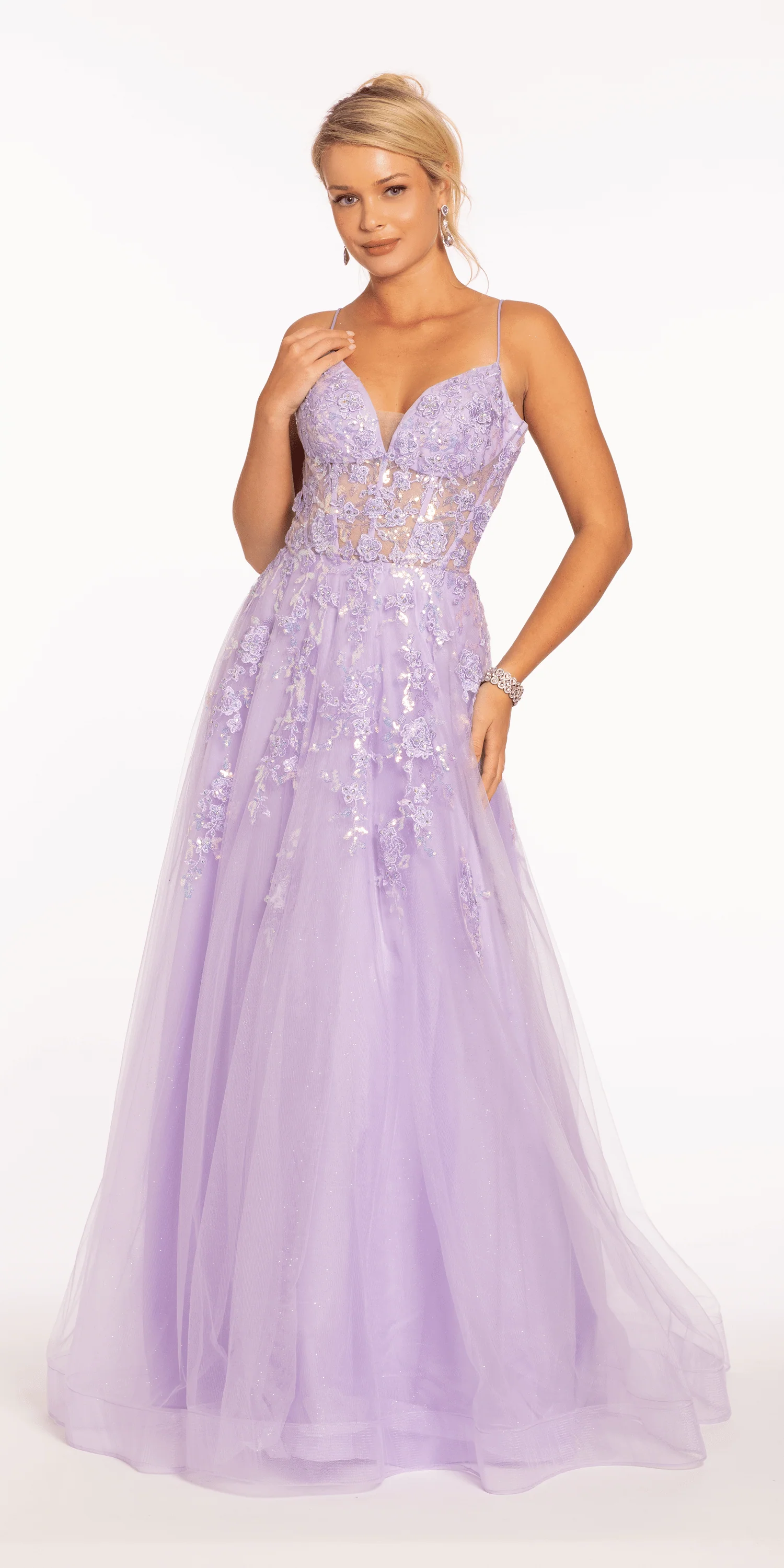 Sweetheart Plunging Mesh Corset Ballgown with Embellished Appliques - Image 3