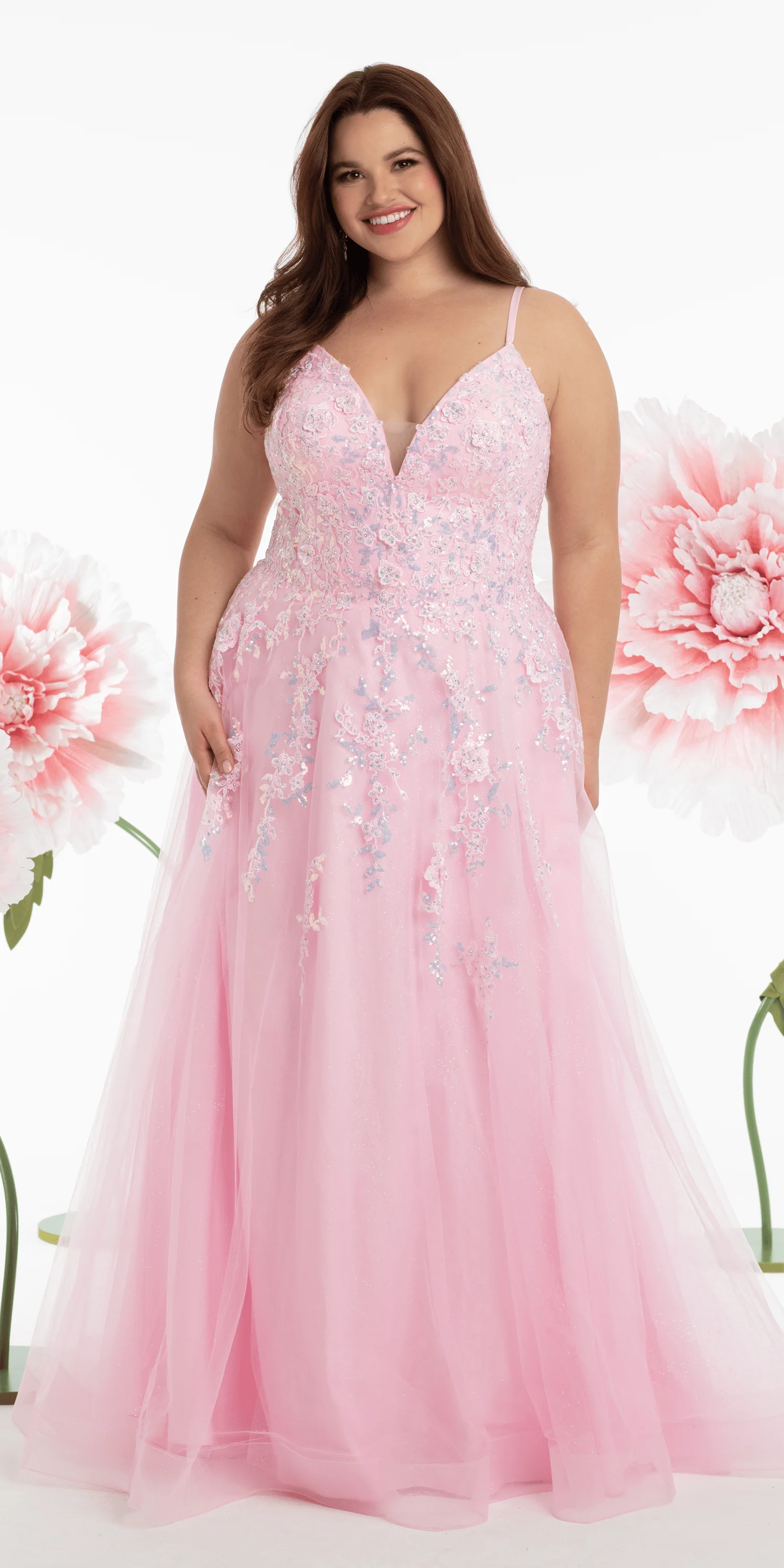 Sweetheart Plunging Mesh Corset Ballgown with Embellished Appliques - Image 5