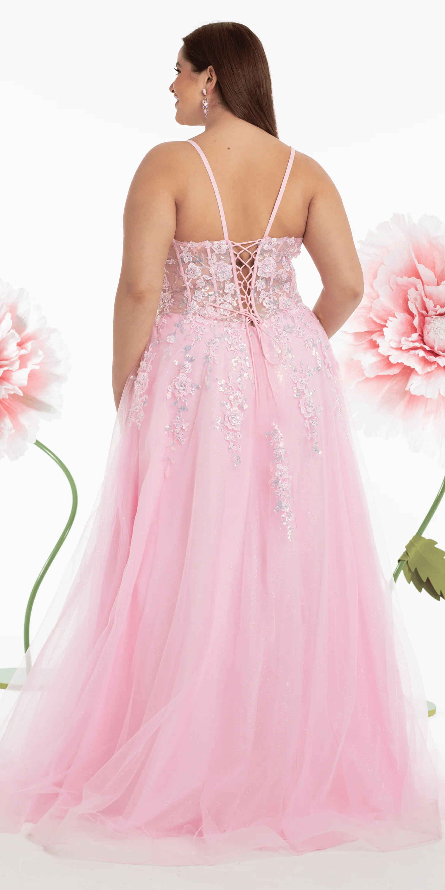 Sweetheart Plunging Mesh Corset Ballgown with Embellished Appliques - Image 7
