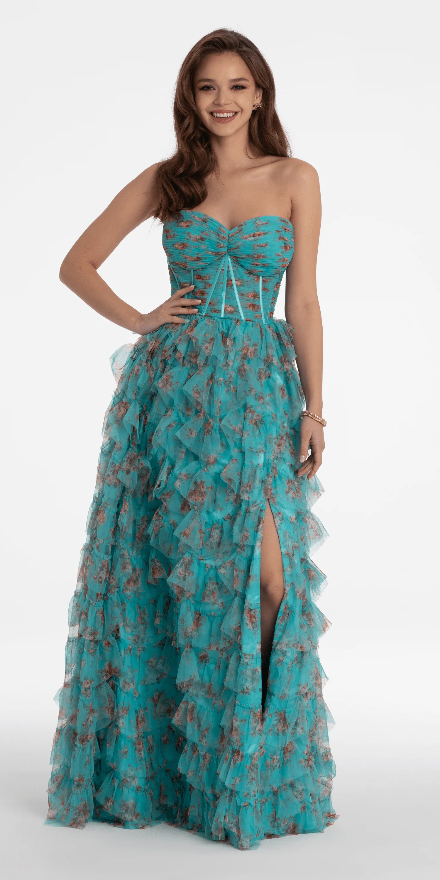 Sweetheart Ruched Print Mesh Tiered A Line Dress - Image 2