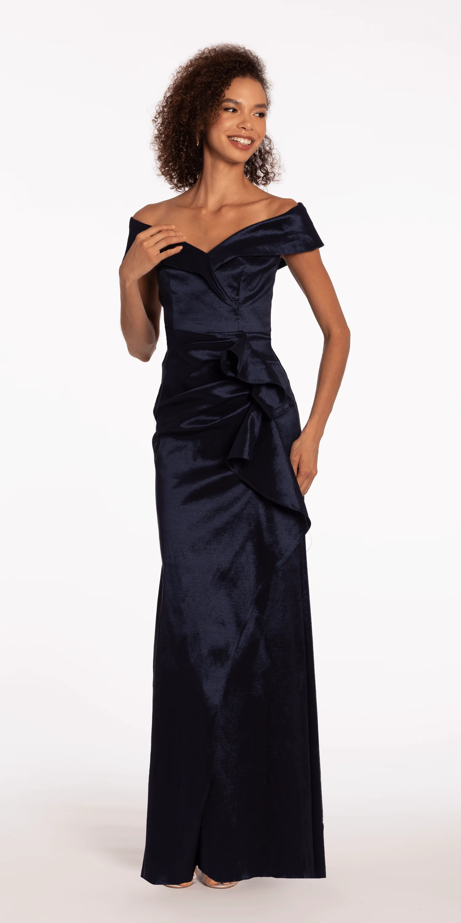 Taffeta Cuff Off the Shoulder Column Dress with Side Slit - Image 3