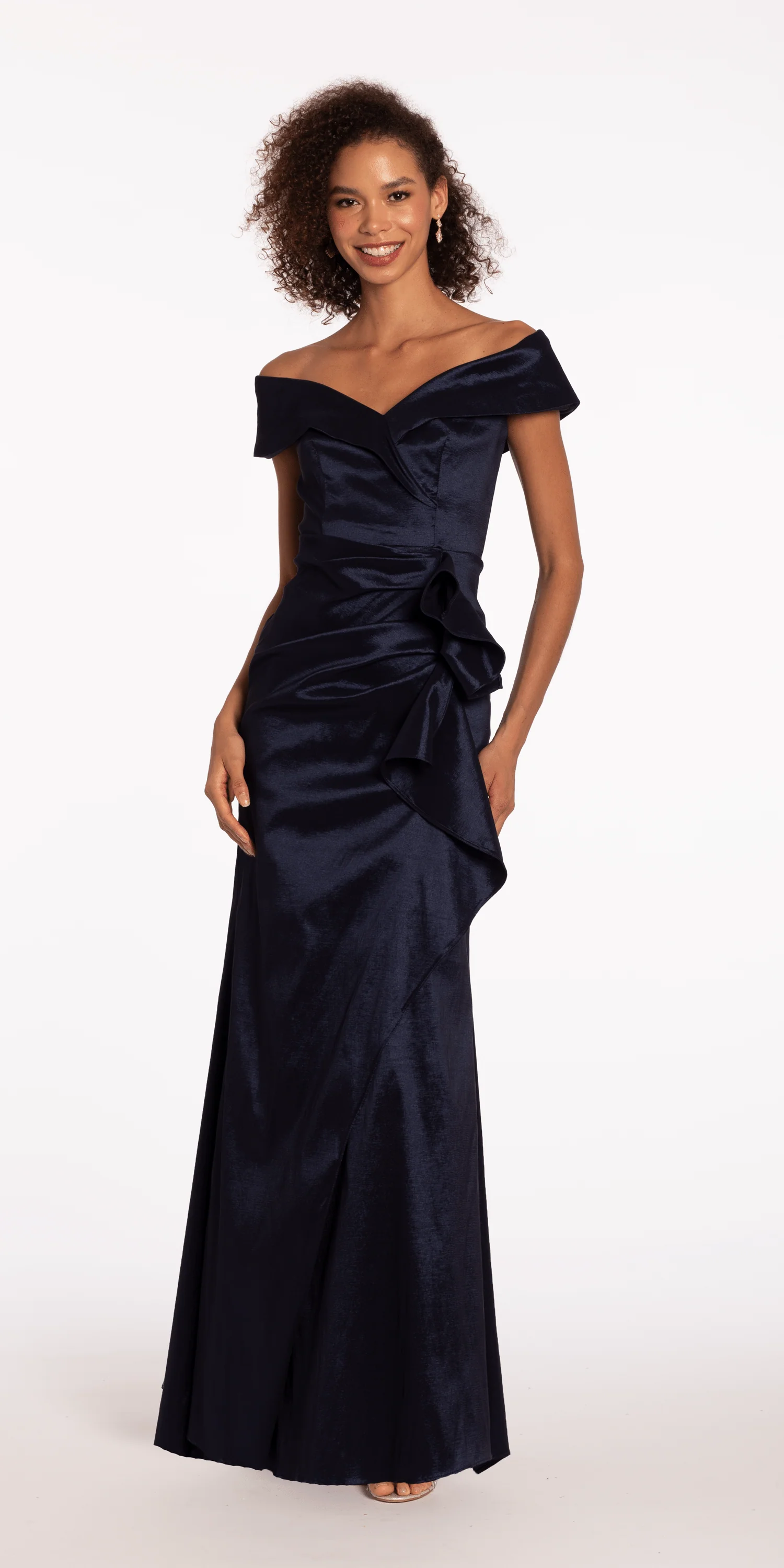 Taffeta Cuff Off the Shoulder Column Dress with Side Slit - Image 4