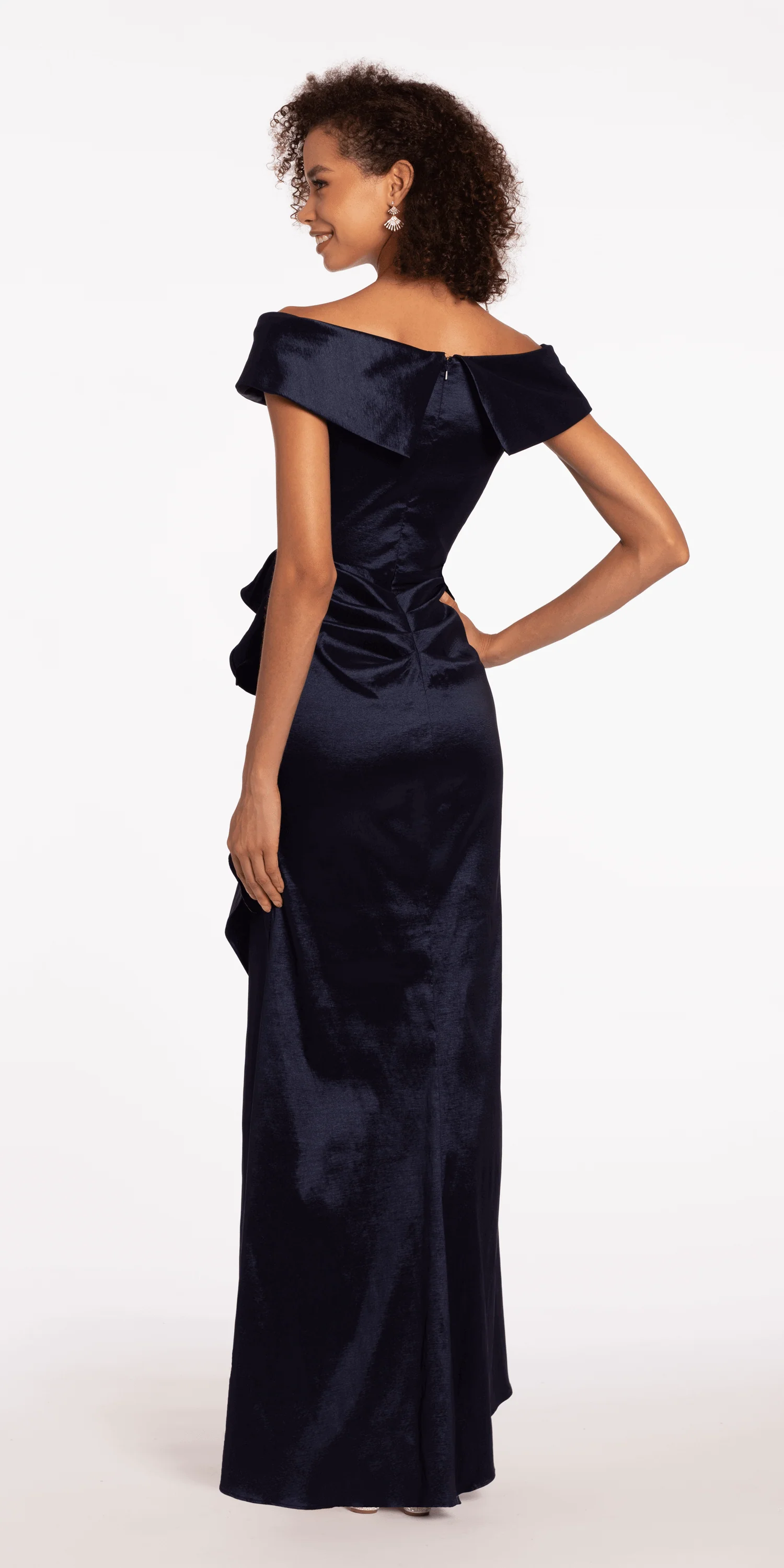 Taffeta Cuff Off the Shoulder Column Dress with Side Slit - Image 5
