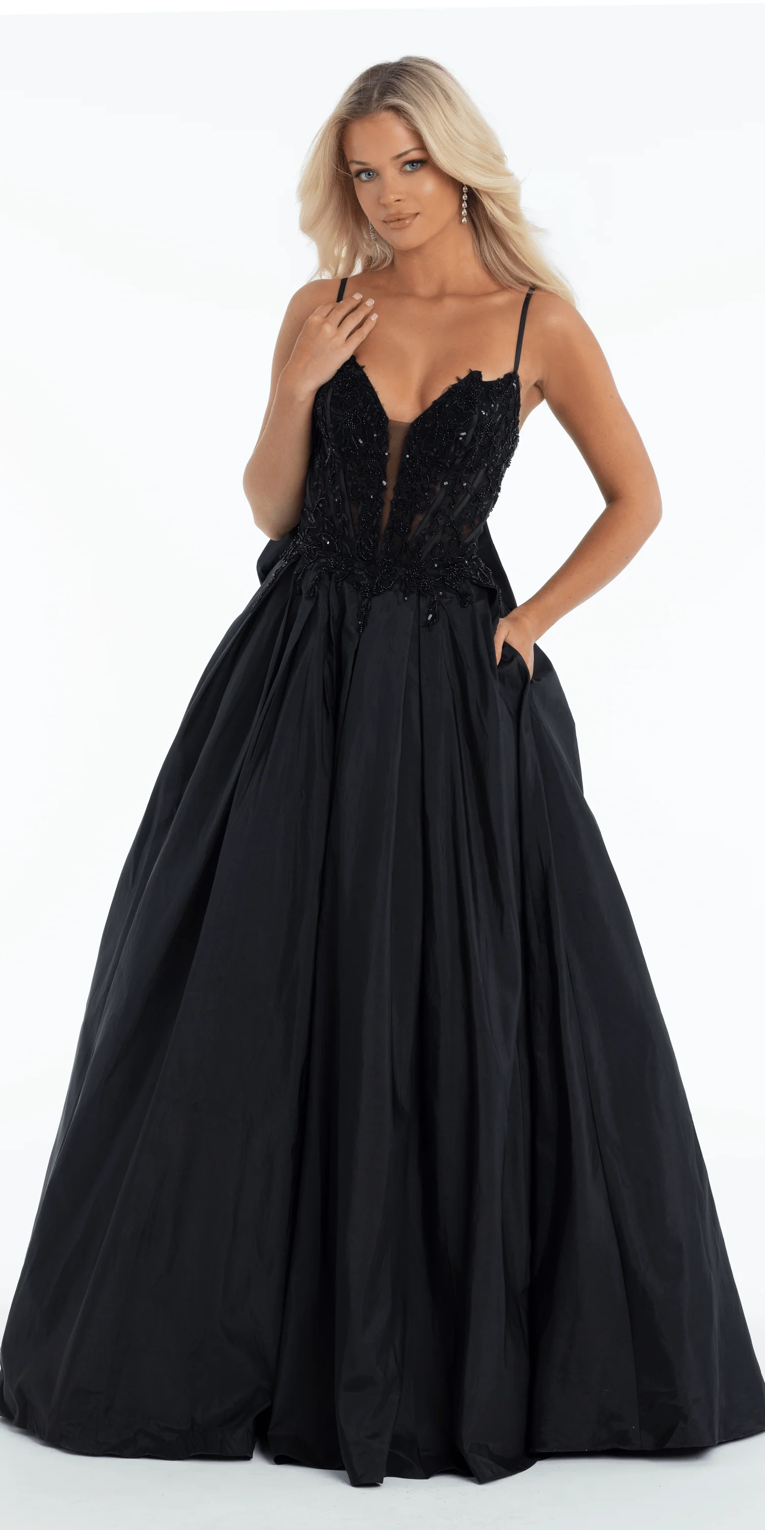 Taffeta Plunge Beaded Ballgown with Detachable Bow and Pockets - Image 2