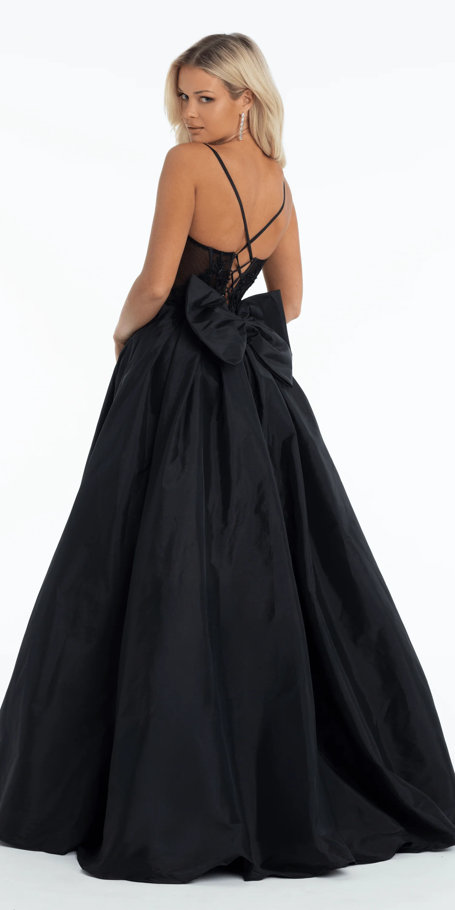 Taffeta Plunge Beaded Ballgown with Detachable Bow and Pockets - Image 4