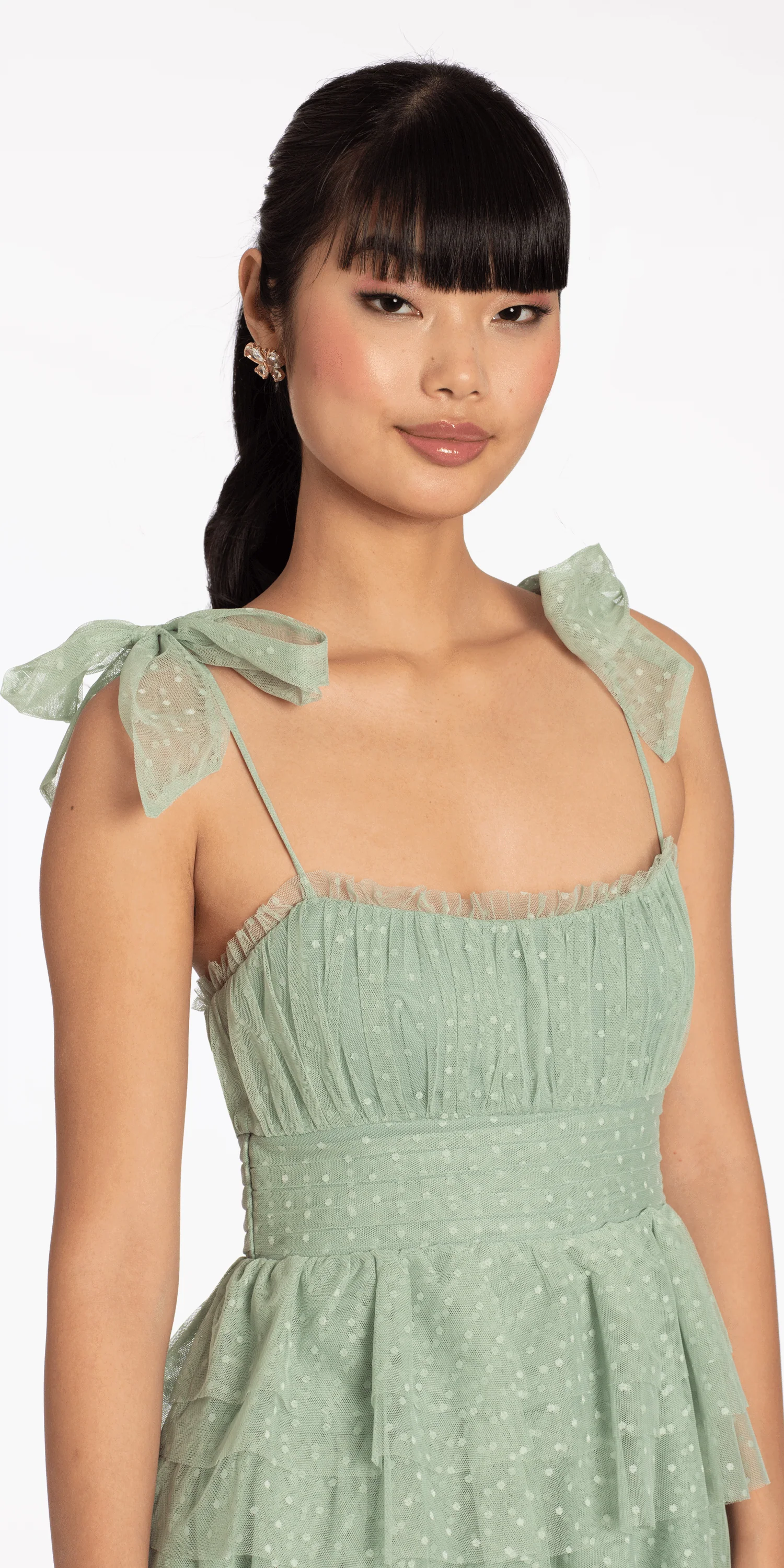 Tiered Mesh Embossed Fit and Flare Dress with Tie Straps - Image 2