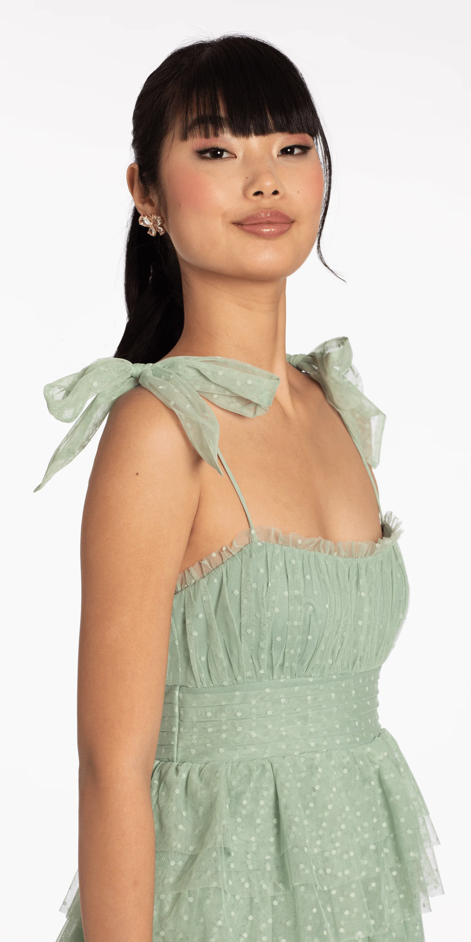 Tiered Mesh Embossed Fit and Flare Dress with Tie Straps - Image 3