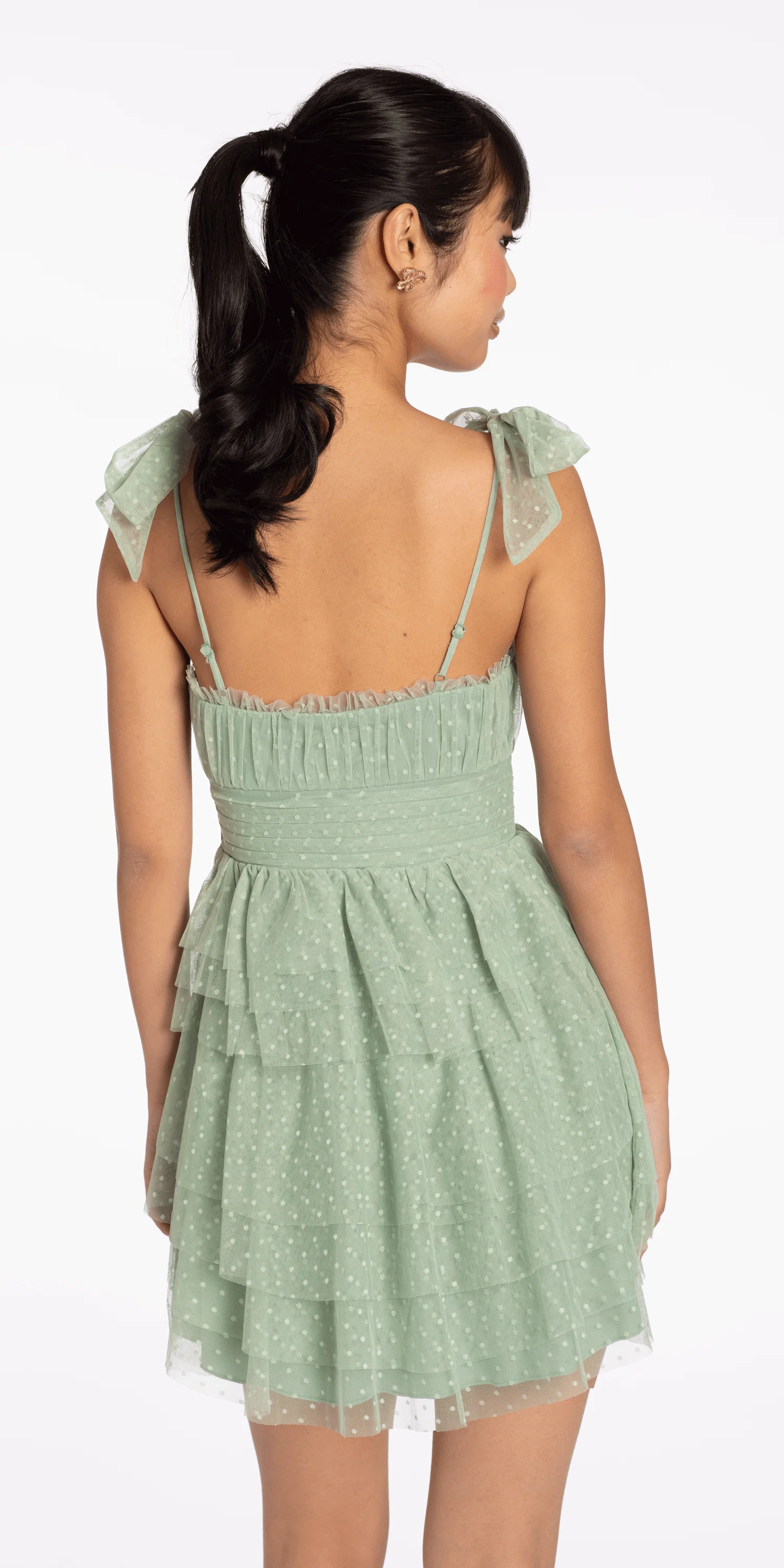 Tiered Mesh Embossed Fit and Flare Dress with Tie Straps - Image 4