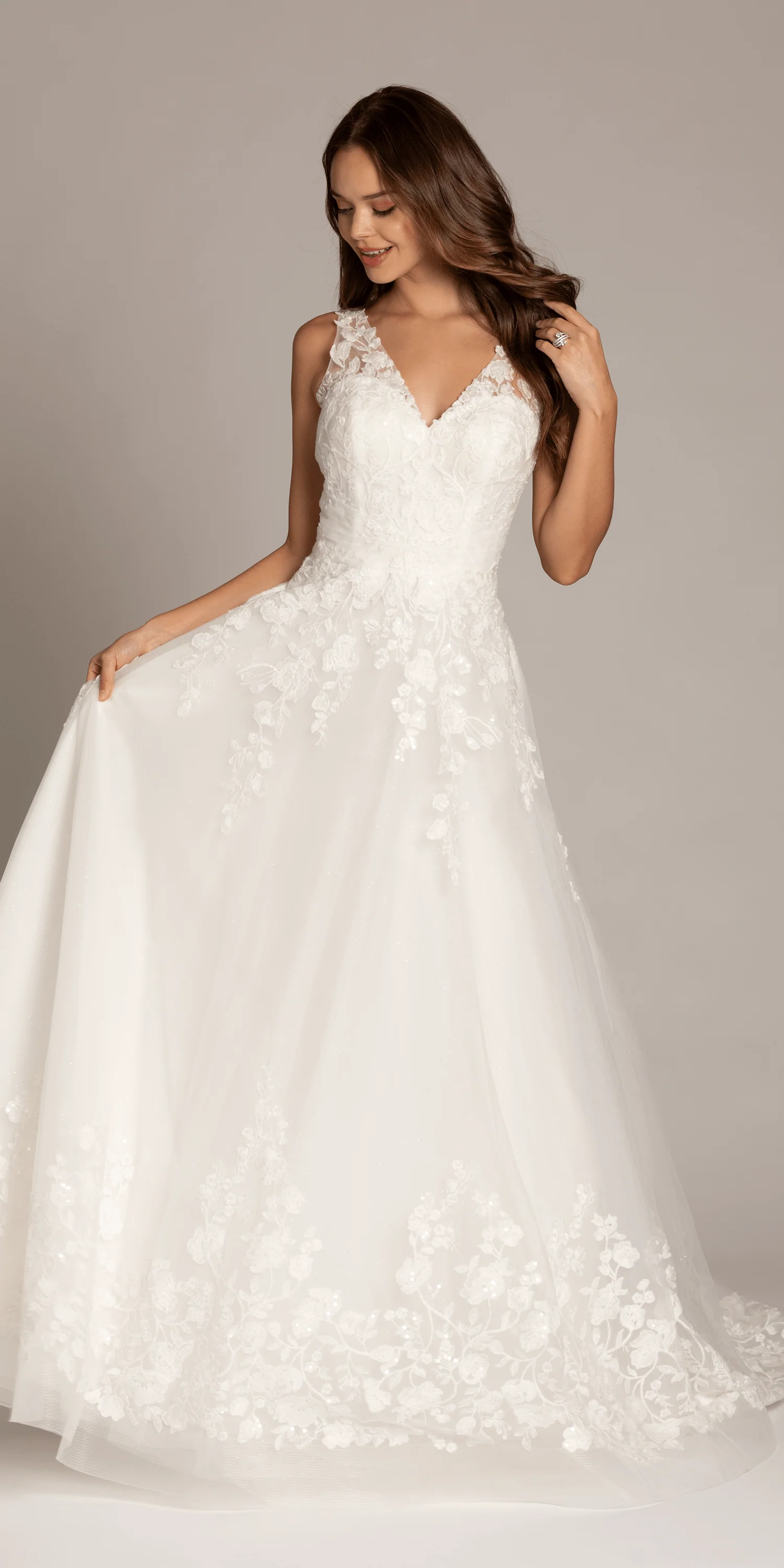 Tulle V Neck Ballgown with Floral Applique Hemline and Pockets - Image 4