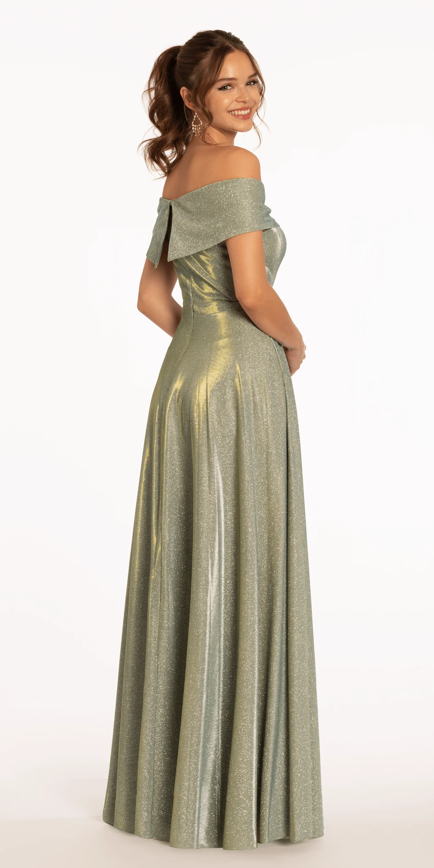 Two Tone  Metallic Off the Shoulder Mock Wrap Dress - Image 3