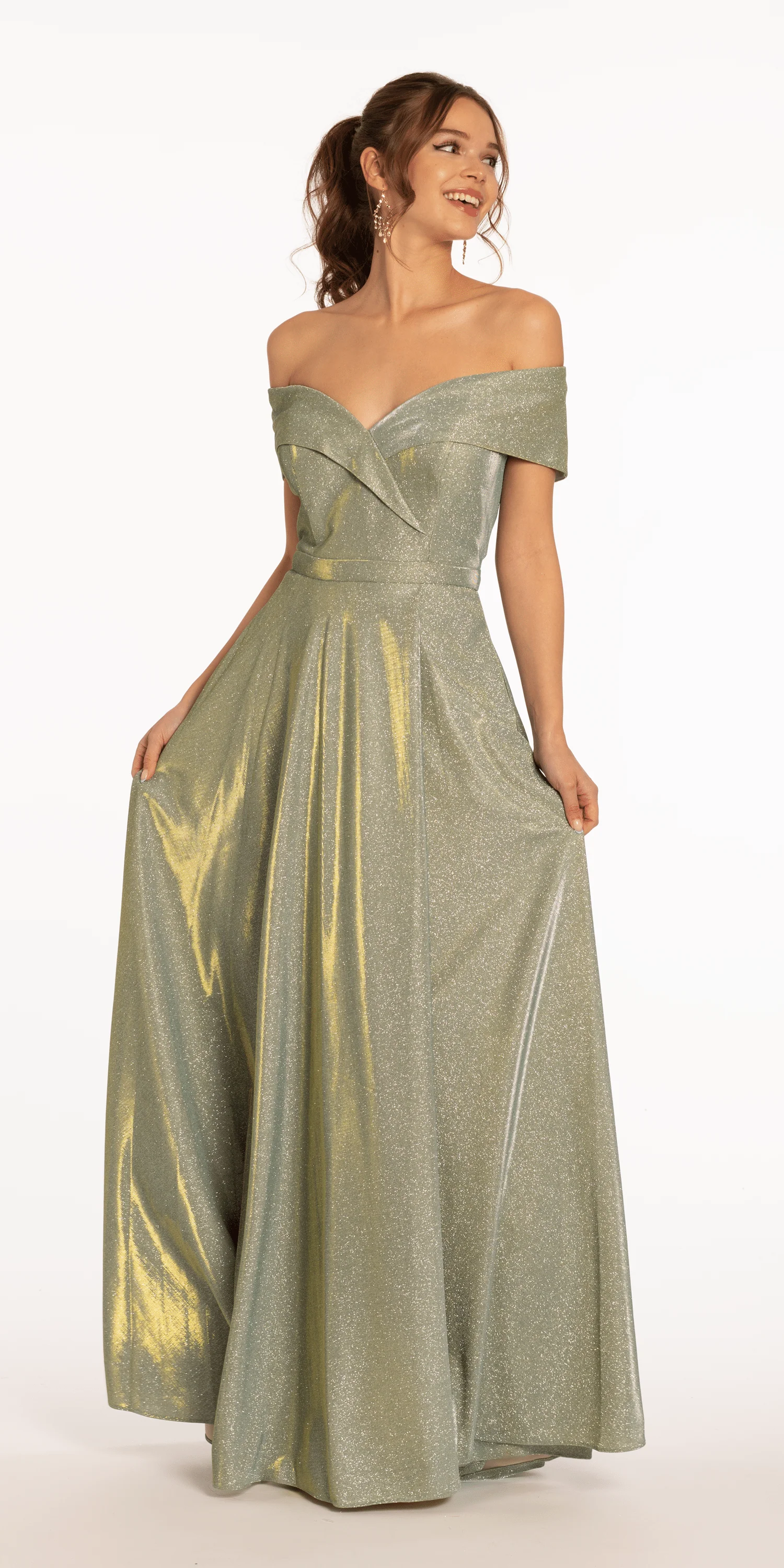Two Tone  Metallic Off the Shoulder Mock Wrap Dress - Image 4