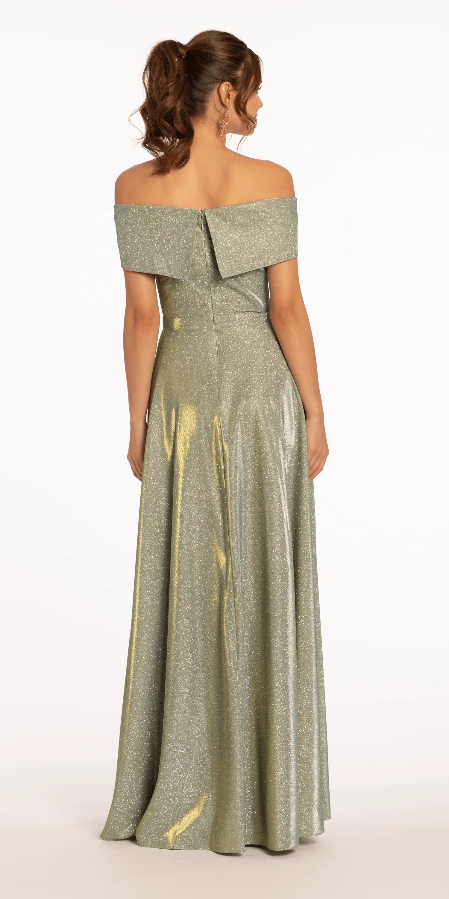 Two Tone  Metallic Off the Shoulder Mock Wrap Dress - Image 5