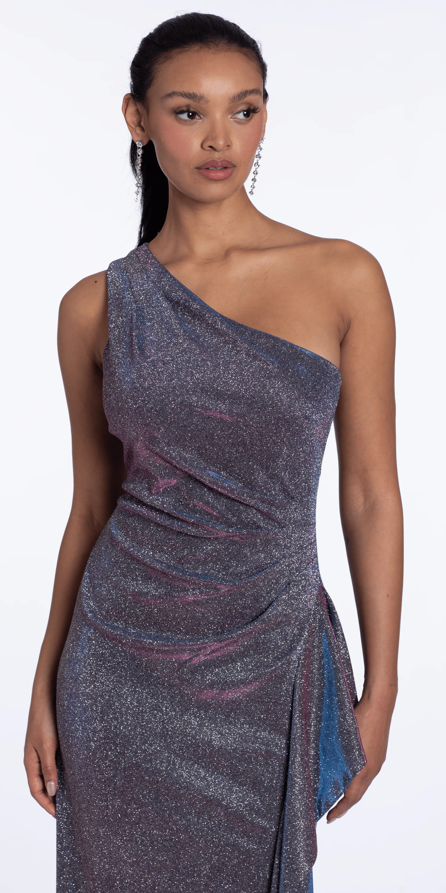 Two Tone Metallic One Shoulder Column Dress with Side Cascade - Image 2