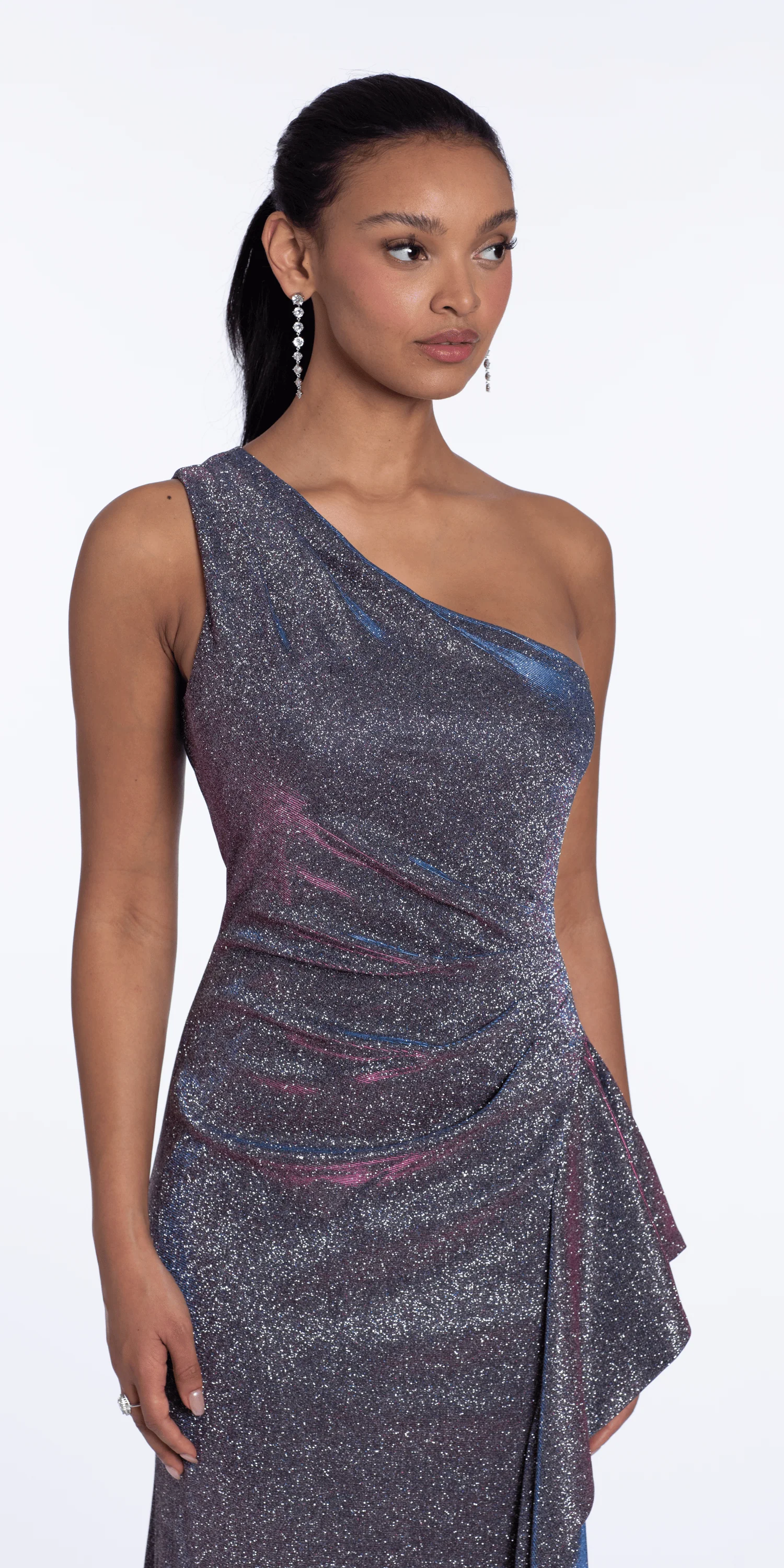 Two Tone Metallic One Shoulder Column Dress with Side Cascade - Image 3