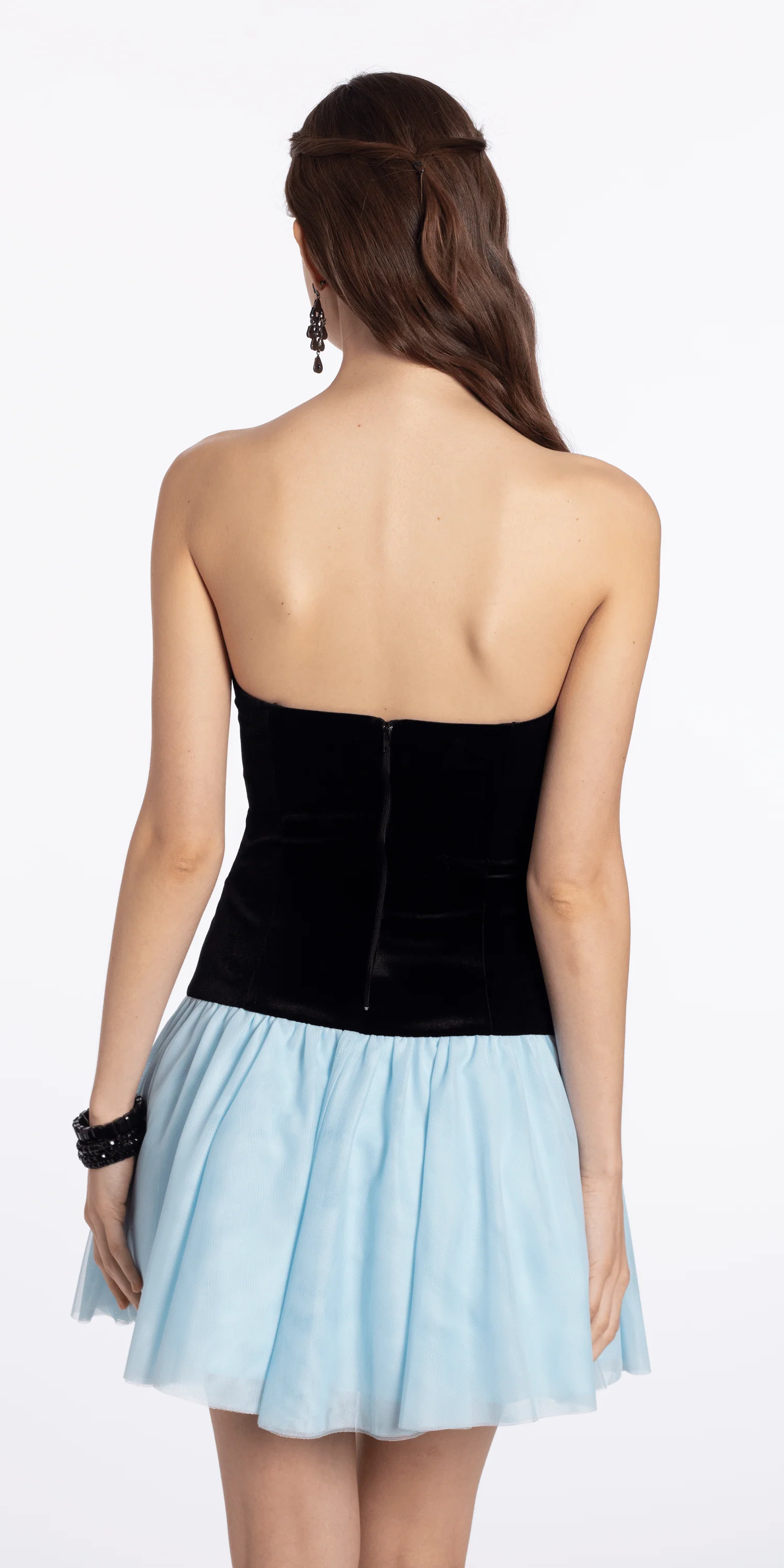 Two Tone Strapless Velvet Skater dress with Mesh Skirt - Image 3