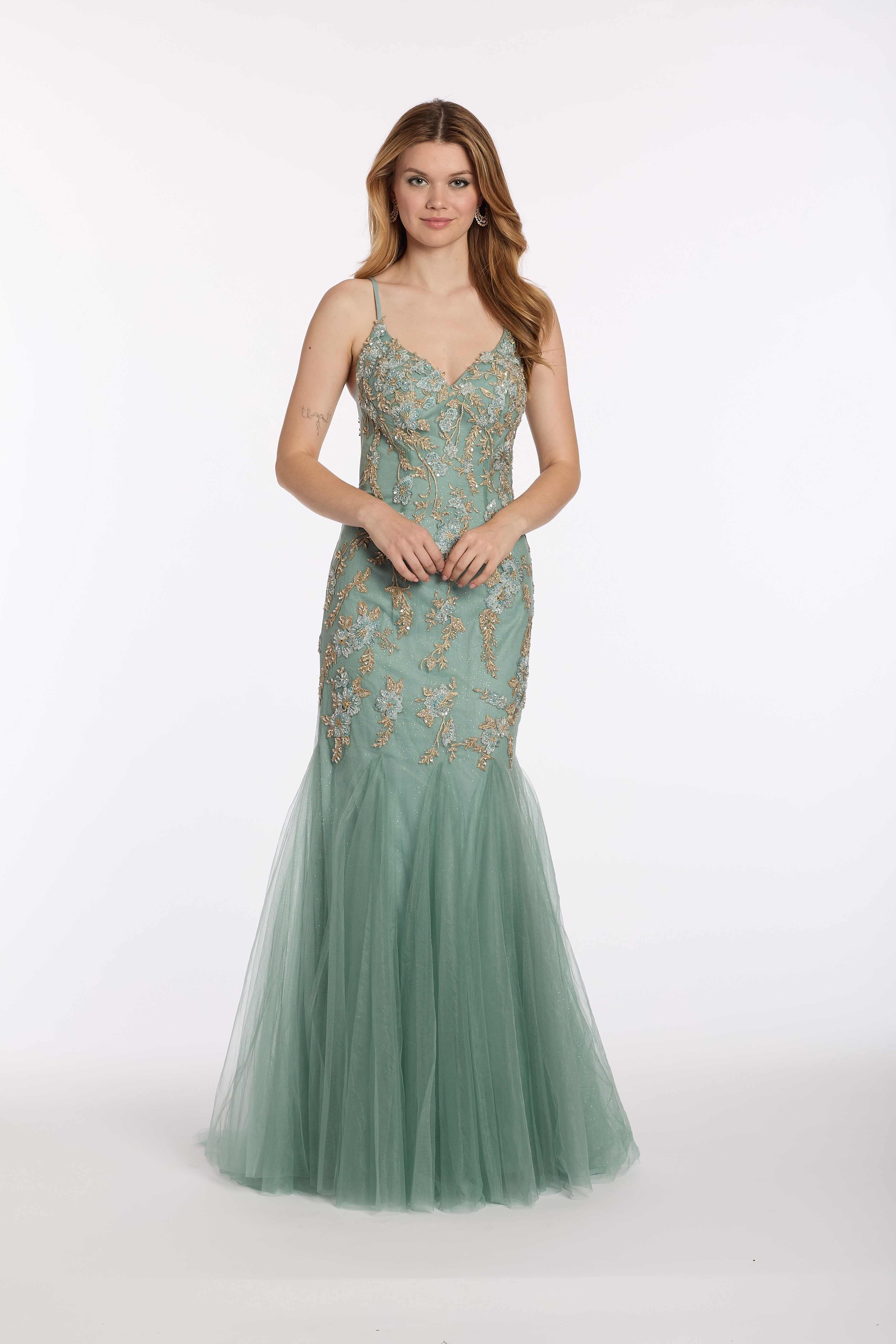 V Back Mesh Embroidered Mermaid Dress with Godets - Image 4