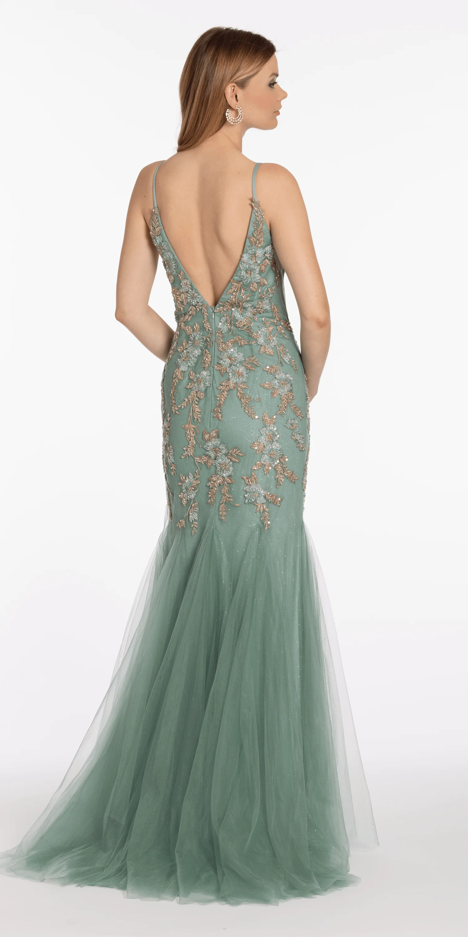 V Back Mesh Embroidered Mermaid Dress with Godets - Image 7
